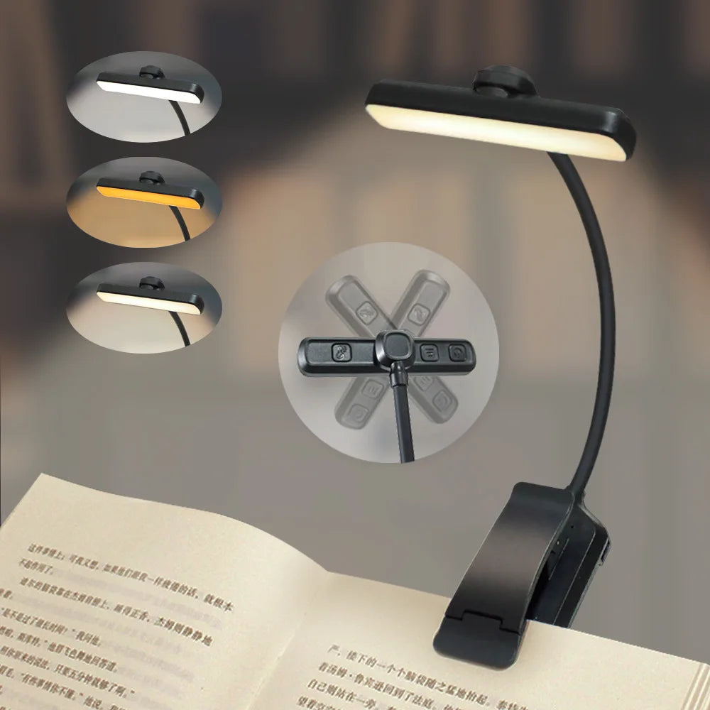 Rechargeable Eye Protection LED Clip Reading Lamp - 5 Brightness Levels, 3 Color Modes, Flexible Neck, 80H Battery Life