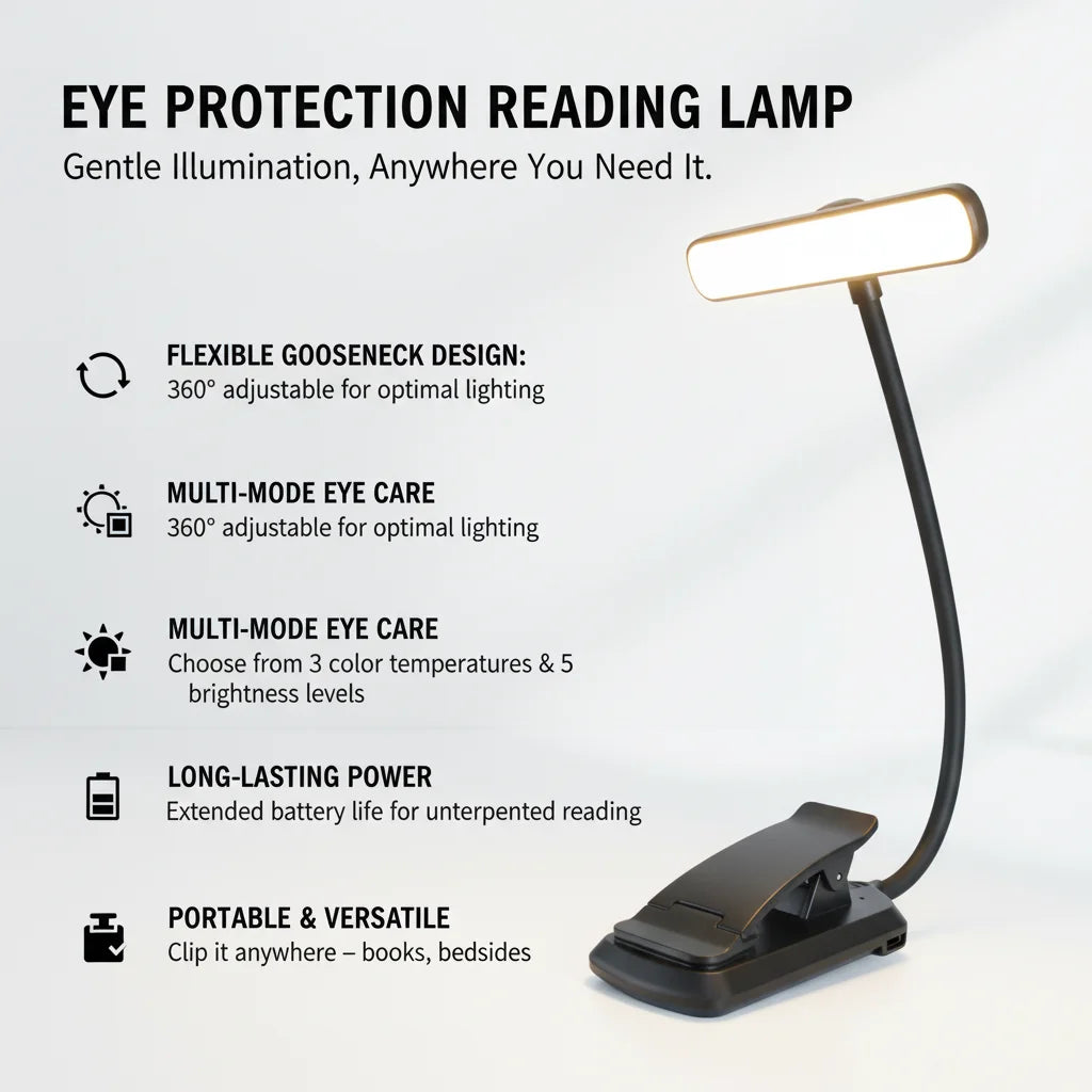 Rechargeable Eye Protection LED Clip Reading Lamp - 5 Brightness Levels, 3 Color Modes, Flexible Neck, 80H Battery Life