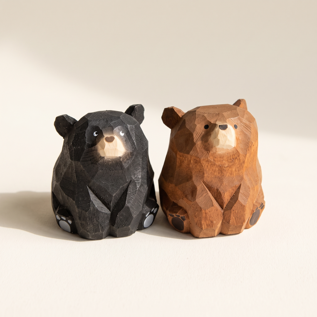 Hand Carved Wooden Sitting Bear Figurine, Artisan Solid Wood Desk Decor, Traditional Folk Art By1994