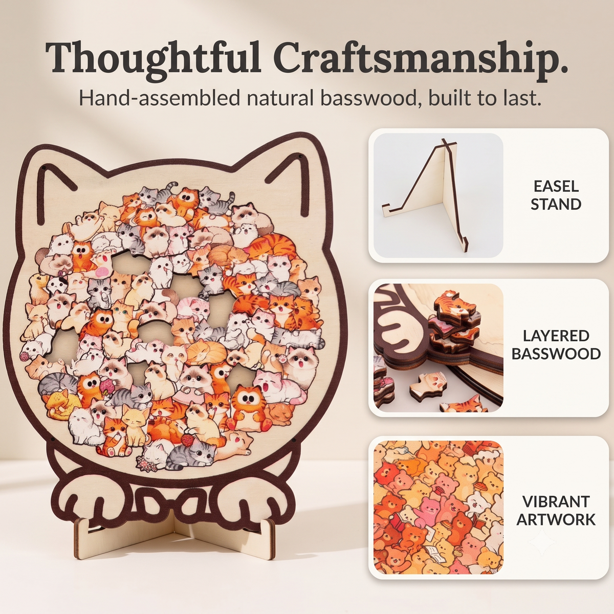 Wooden Animal Jigsaw Puzzle, Freestanding Tabletop Display, Dog Cat Bear Silhouettes By1994