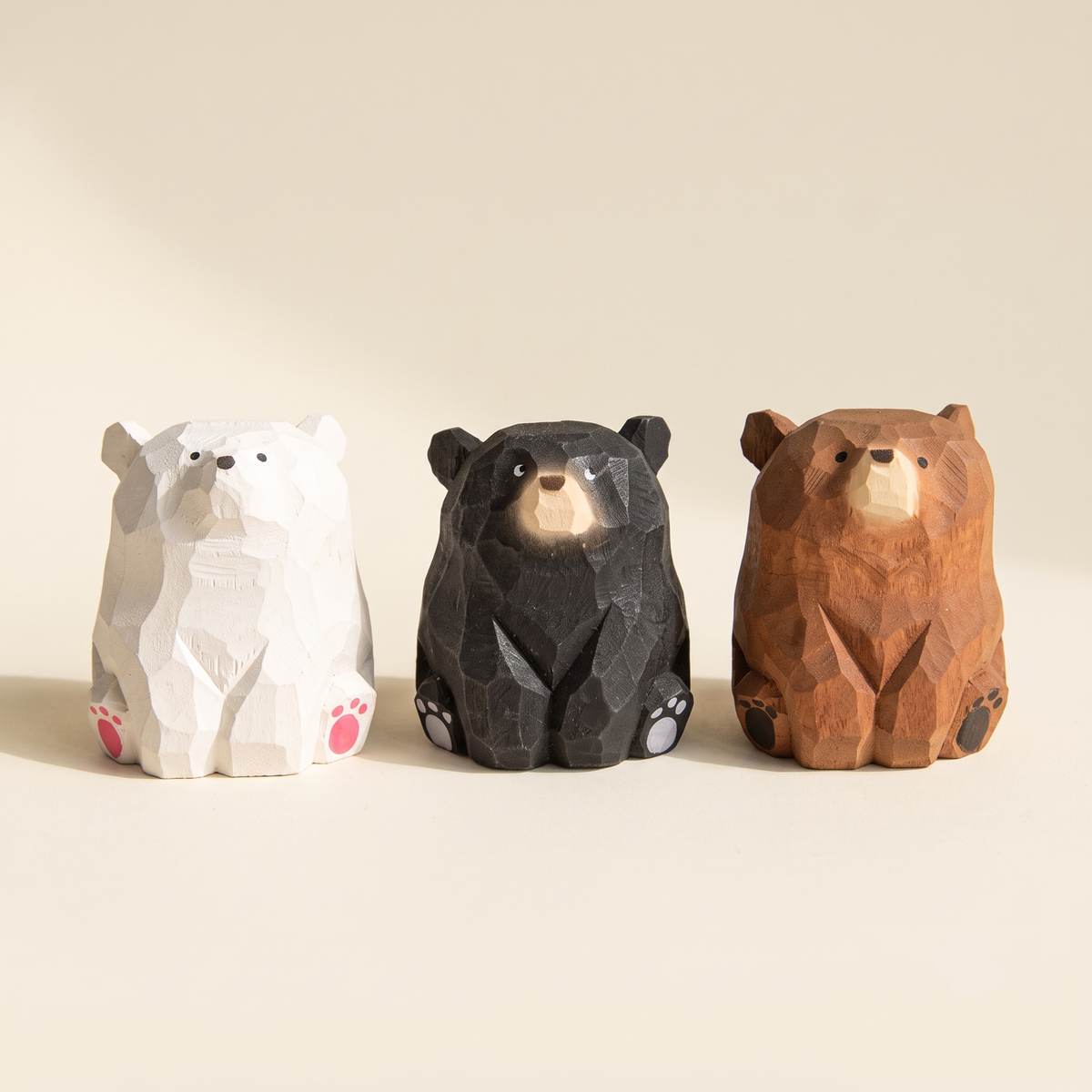 Hand Carved Wooden Sitting Bear Figurine, Artisan Solid Wood Desk Decor, Traditional Folk Art By1994