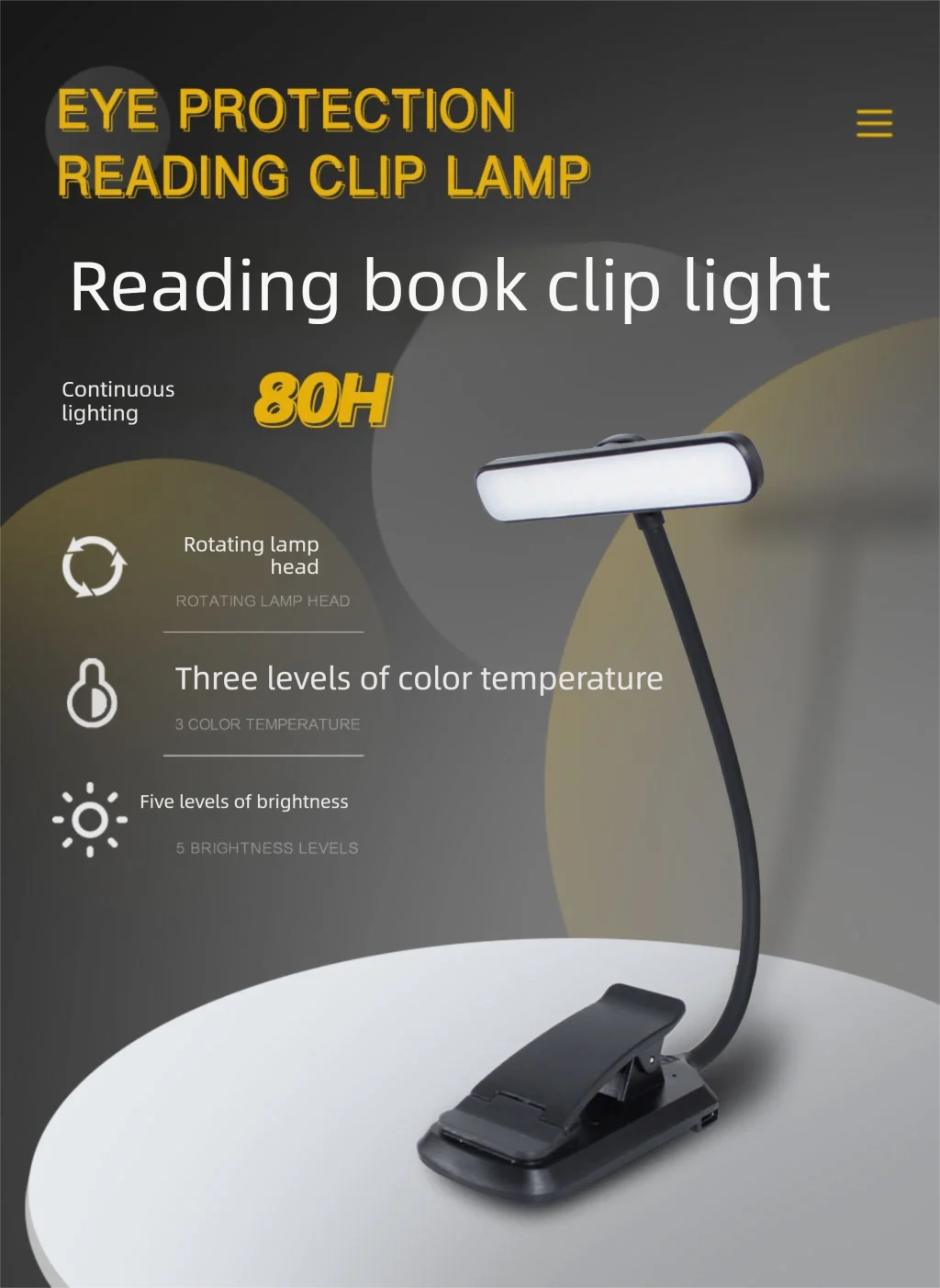 Rechargeable Eye Protection LED Clip Reading Lamp - 5 Brightness Levels, 3 Color Modes, Flexible Neck, 80H Battery Life
