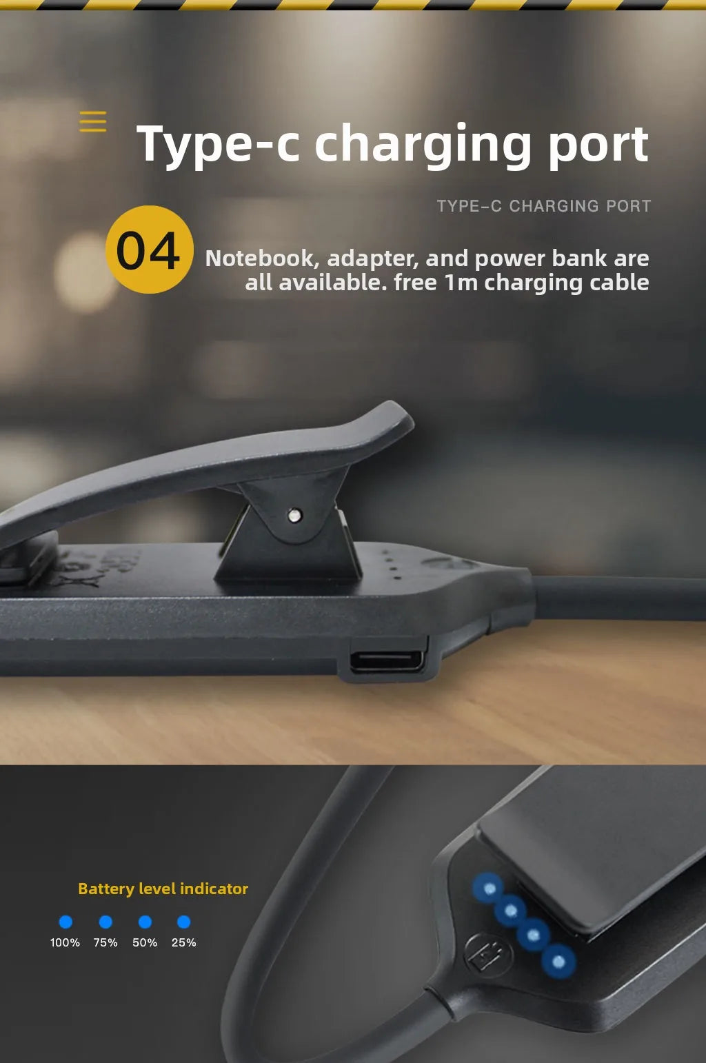 Rechargeable Eye Protection LED Clip Reading Lamp - 5 Brightness Levels, 3 Color Modes, Flexible Neck, 80H Battery Life
