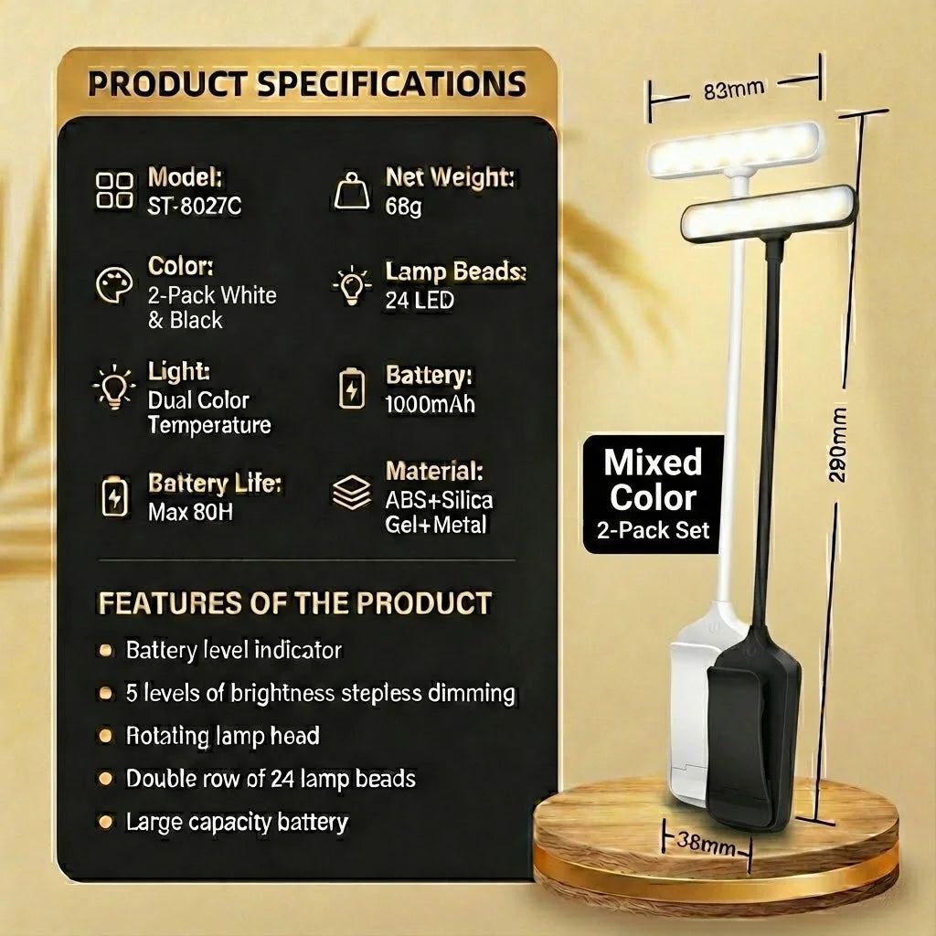 Rechargeable Eye Protection LED Clip Reading Lamp - 5 Brightness Levels, 3 Color Modes, Flexible Neck, 80H Battery Life