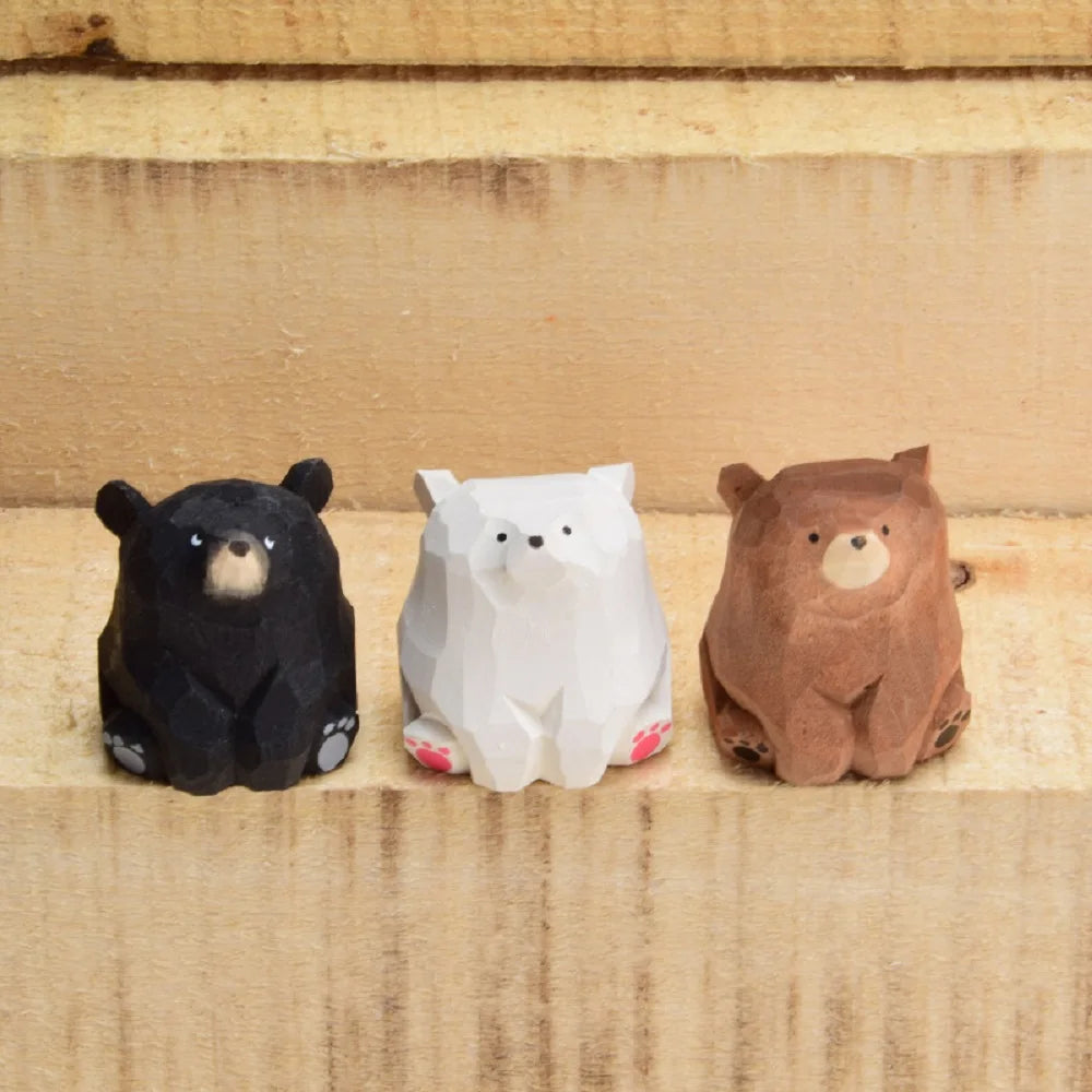 Hand Carved Wooden Sitting Bear Figurine, Artisan Solid Wood Desk Decor, Traditional Folk Art By1994