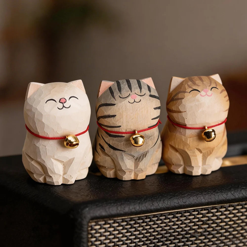 Hand Carved Wooden Cat Figurine, Artisan Solid Wood, Natural Matte By1994
