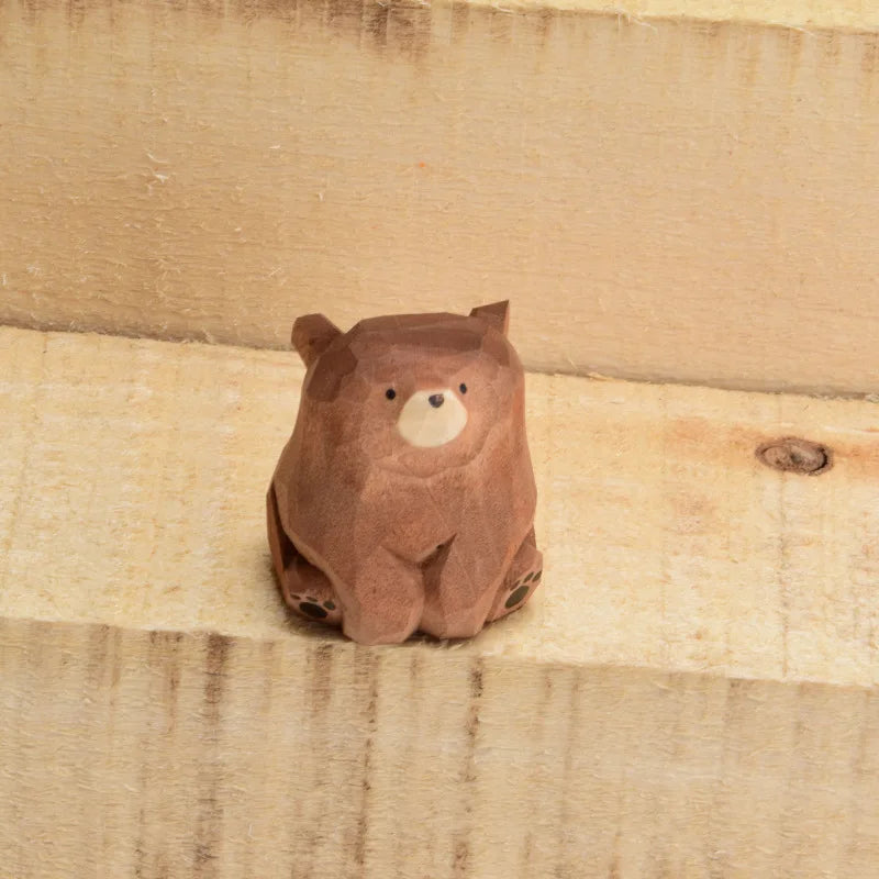 Hand Carved Wooden Sitting Bear Figurine, Artisan Solid Wood Desk Decor, Traditional Folk Art By1994