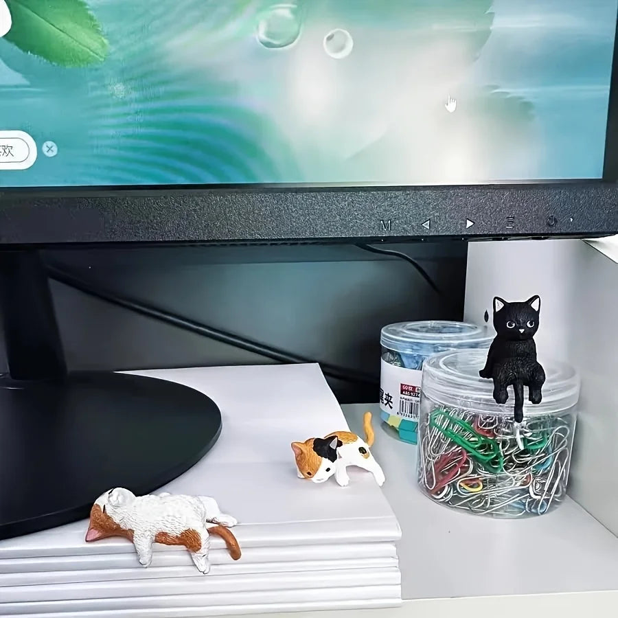 Cat Monitor Sitter Figurines, Smooth Resin 5-Piece Set, Cat Lover Gift By1994
