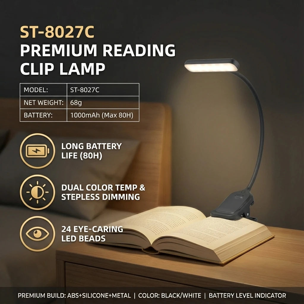 Rechargeable Eye Protection LED Clip Reading Lamp - 5 Brightness Levels, 3 Color Modes, Flexible Neck, 80H Battery Life
