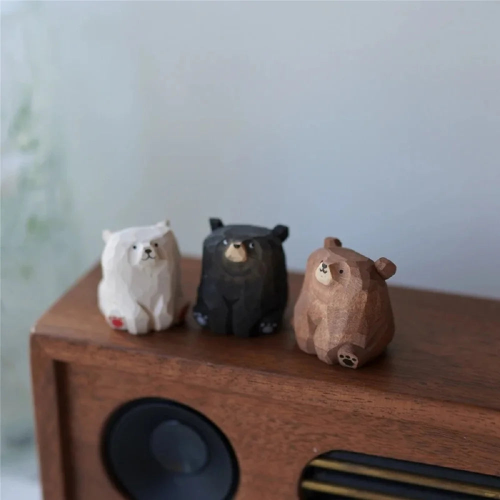 Hand Carved Wooden Sitting Bear Figurine, Artisan Solid Wood Desk Decor, Traditional Folk Art By1994
