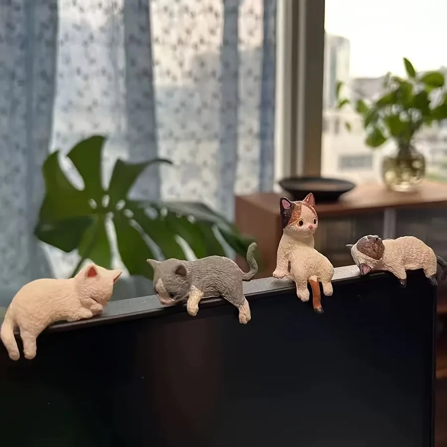 Cat Monitor Sitter Figurines, Smooth Resin 5-Piece Set, Cat Lover Gift By1994