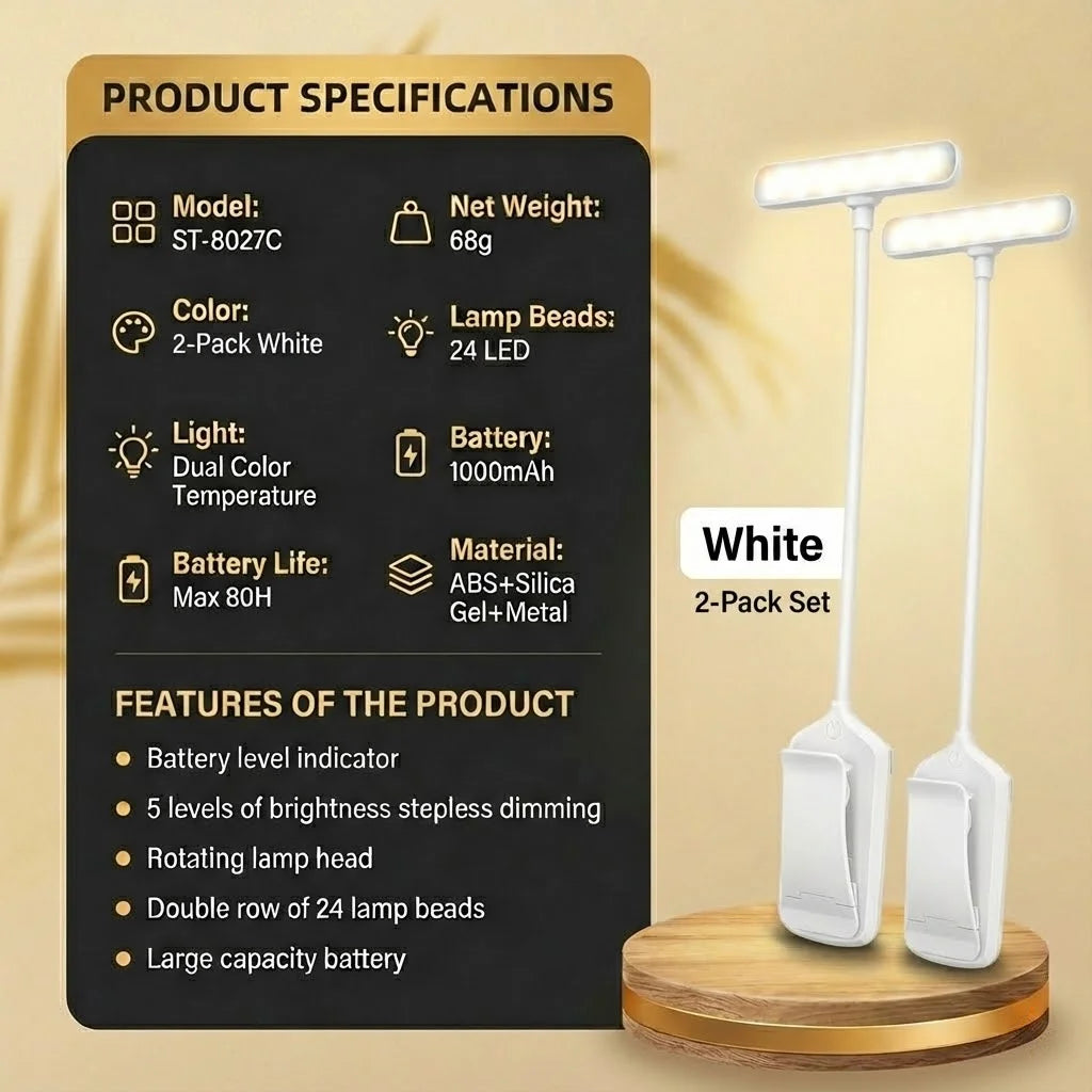 Rechargeable Eye Protection LED Clip Reading Lamp - 5 Brightness Levels, 3 Color Modes, Flexible Neck, 80H Battery Life