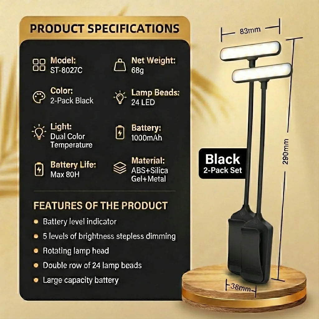 Rechargeable Eye Protection LED Clip Reading Lamp - 5 Brightness Levels, 3 Color Modes, Flexible Neck, 80H Battery Life