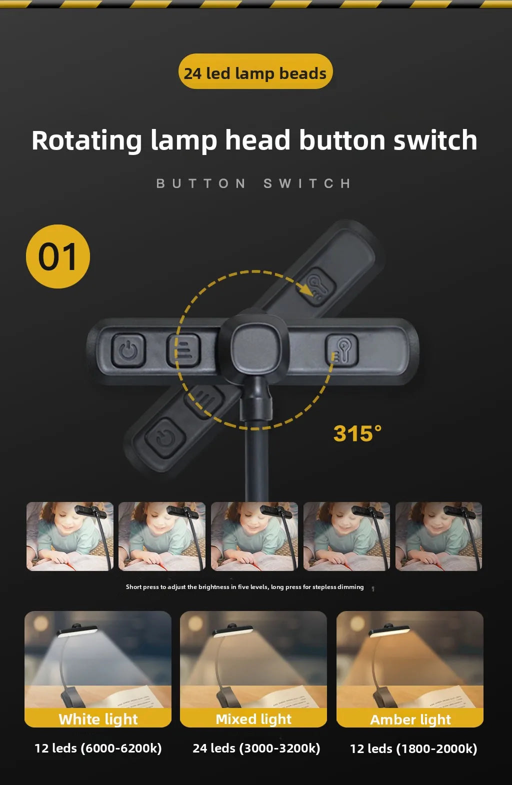 Rechargeable Eye Protection LED Clip Reading Lamp - 5 Brightness Levels, 3 Color Modes, Flexible Neck, 80H Battery Life