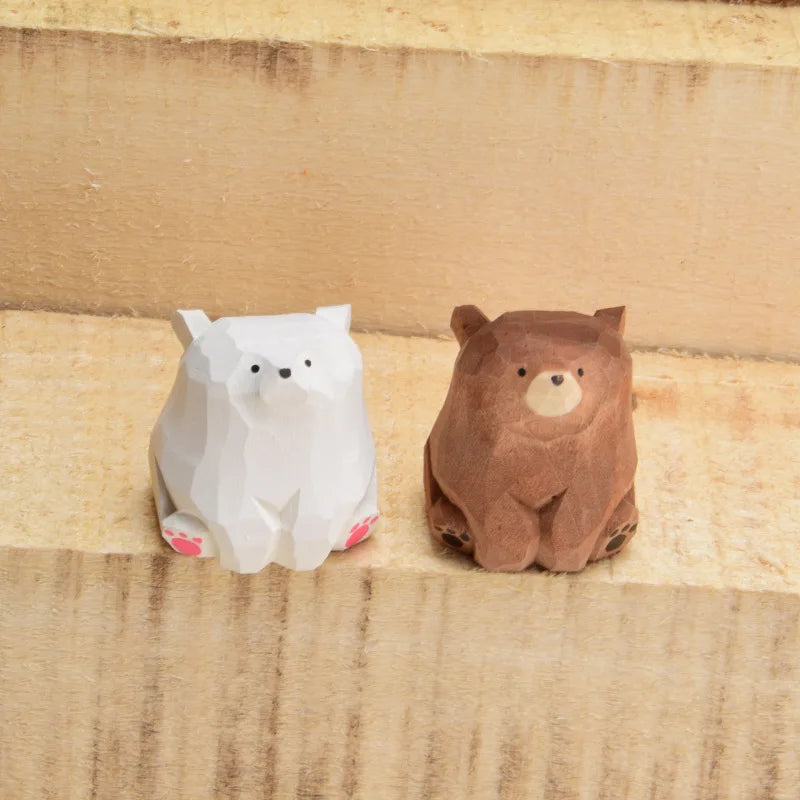 Hand Carved Wooden Sitting Bear Figurine, Artisan Solid Wood Desk Decor, Traditional Folk Art By1994