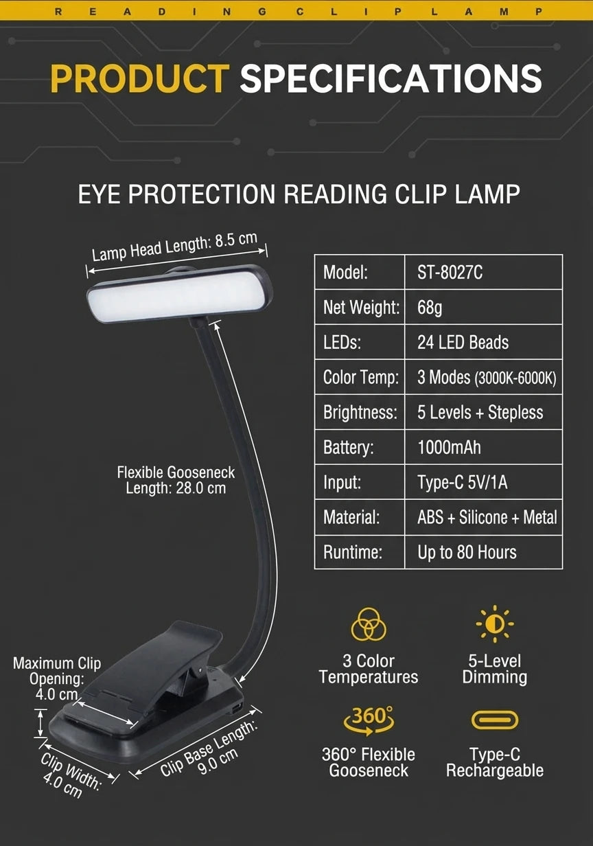 Rechargeable Eye Protection LED Clip Reading Lamp - 5 Brightness Levels, 3 Color Modes, Flexible Neck, 80H Battery Life
