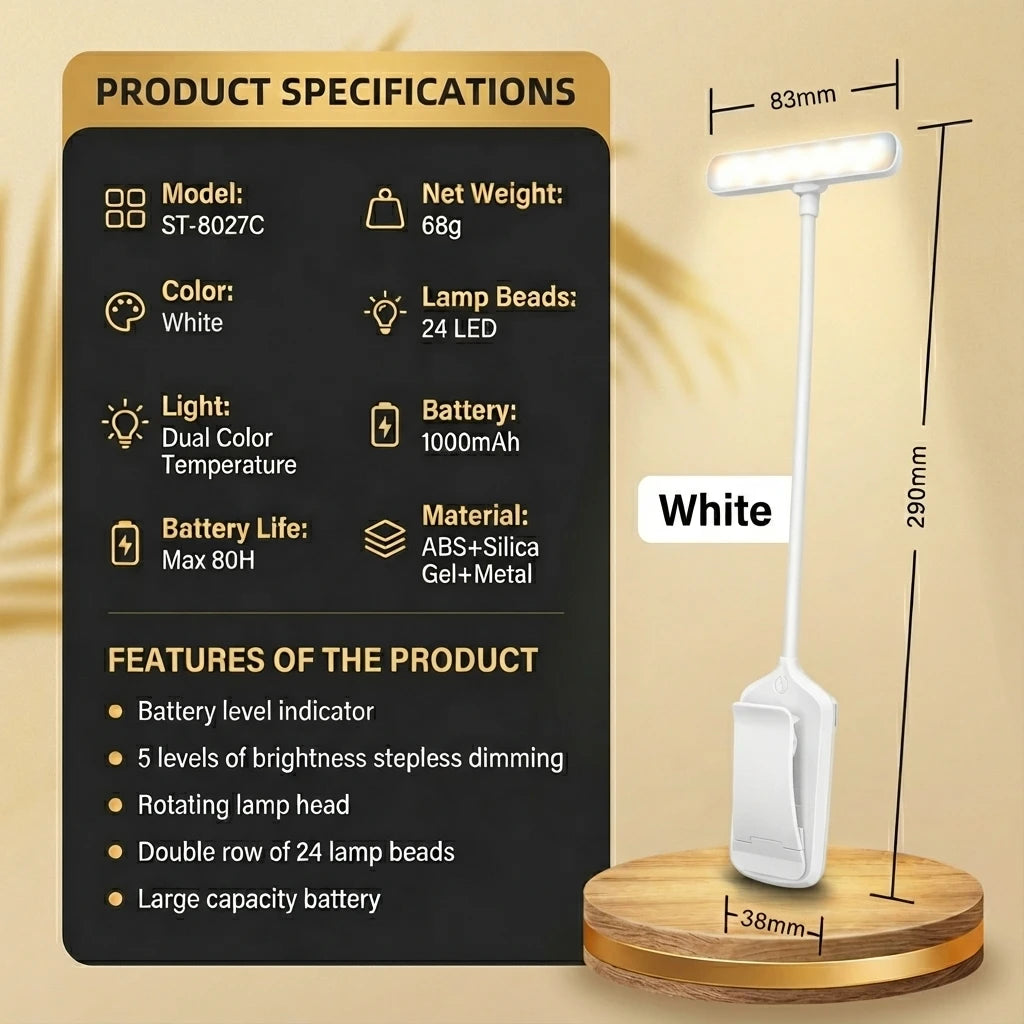 Rechargeable Eye Protection LED Clip Reading Lamp - 5 Brightness Levels, 3 Color Modes, Flexible Neck, 80H Battery Life