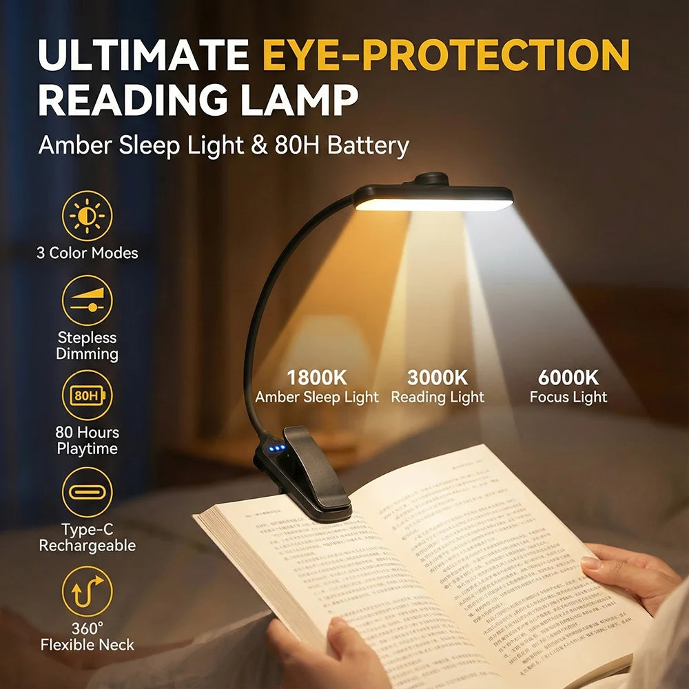 Rechargeable Eye Protection LED Clip Reading Lamp - 5 Brightness Levels, 3 Color Modes, Flexible Neck, 80H Battery Life