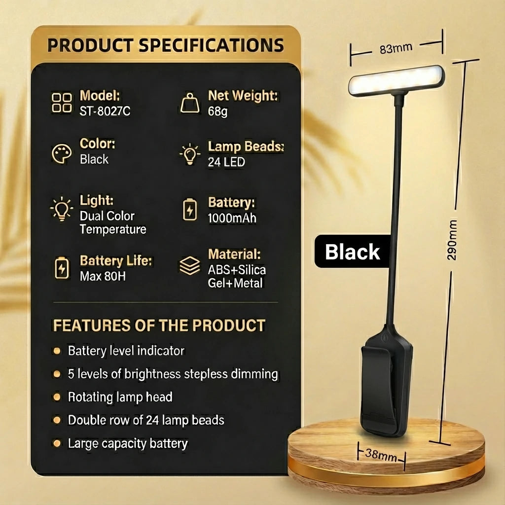 Rechargeable Eye Protection LED Clip Reading Lamp - 5 Brightness Levels, 3 Color Modes, Flexible Neck, 80H Battery Life