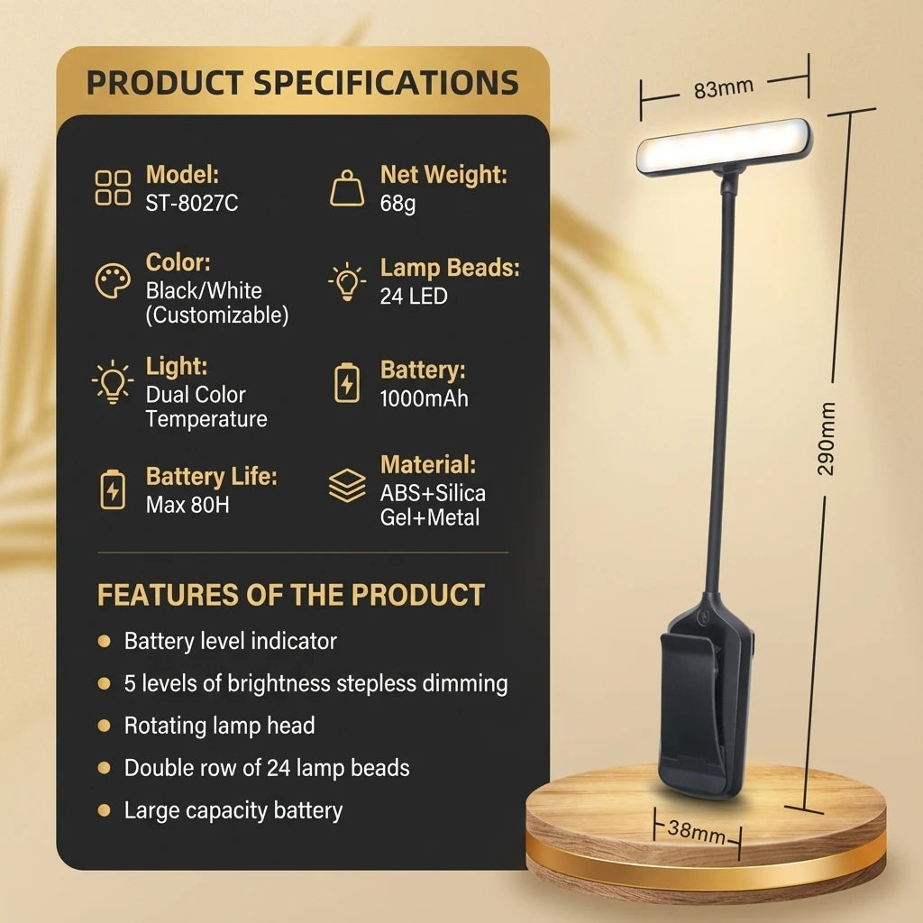 Rechargeable Eye Protection LED Clip Reading Lamp - 5 Brightness Levels, 3 Color Modes, Flexible Neck, 80H Battery Life