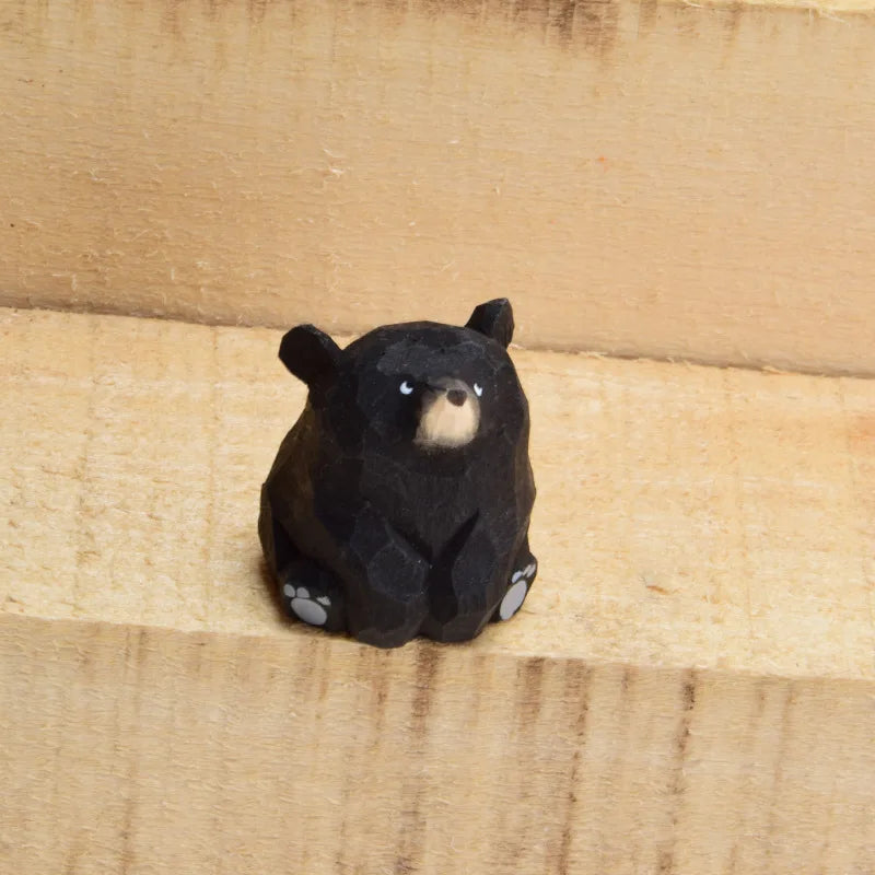 Hand Carved Wooden Sitting Bear Figurine, Artisan Solid Wood Desk Decor, Traditional Folk Art By1994