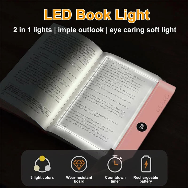 LED Book Light, Dimmable LED Reading Light 3 Color Flat Book Lamp for Reading, Rechargeable Full Page Light Smart Bookmark Light