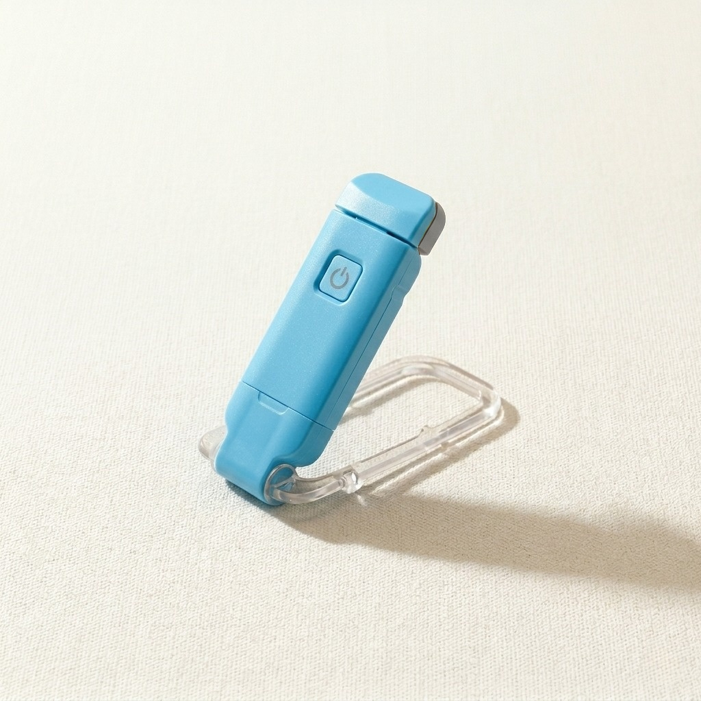 A crisp lifestyle hero image showcasing a blue portable LED book light arranged beautifully on a clean canvas cream background.