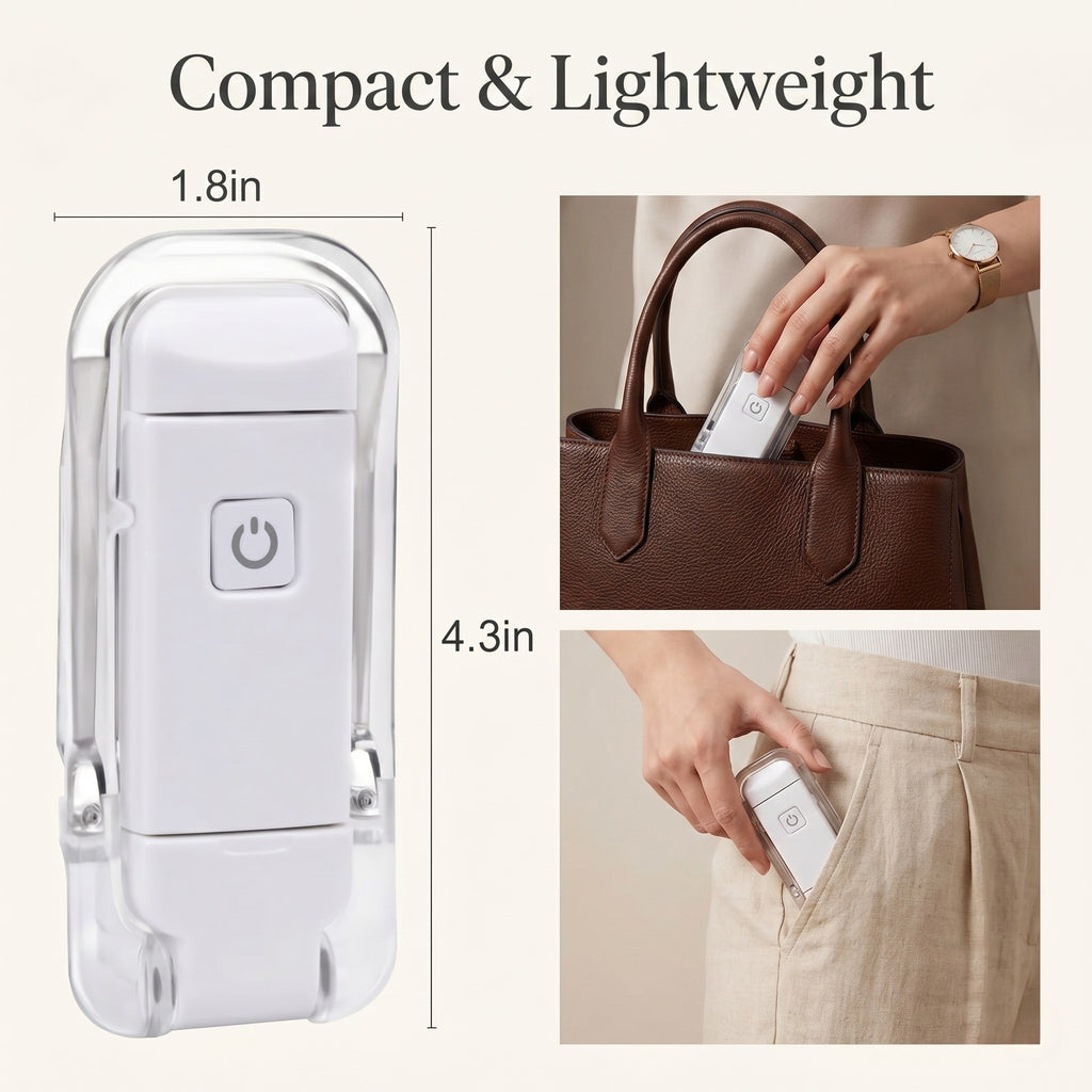 A clean scale reference infographic of the compact and lightweight LED book light, detailing its portable product dimensions and ultra-slim profile designed to double as a bookmark.