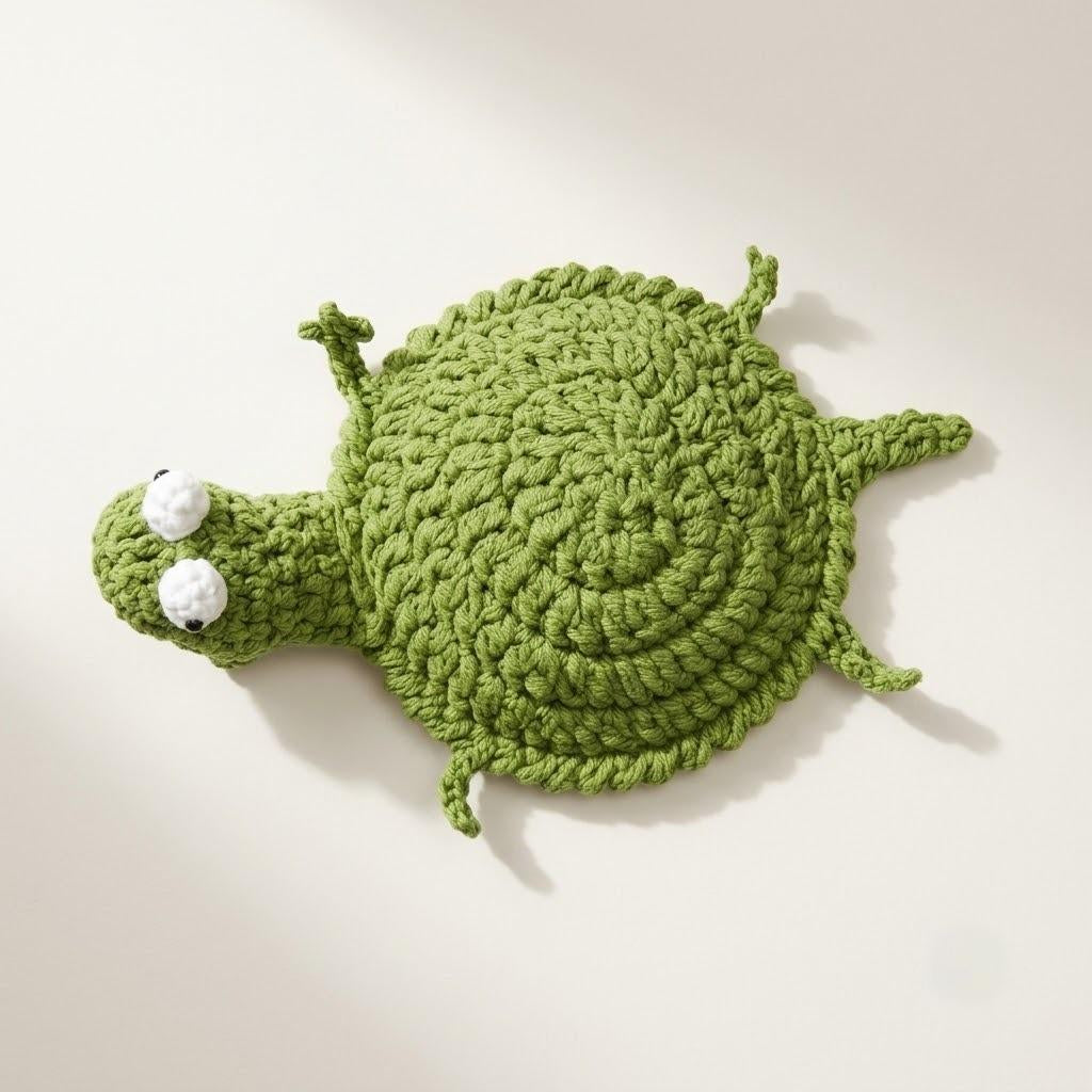 crochet lizard cup coaster lay on desk