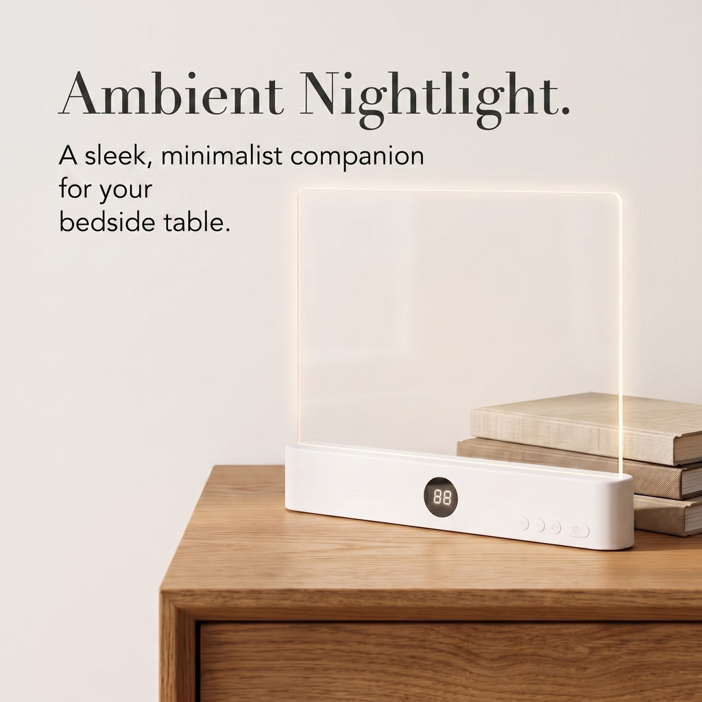 A minimalist bedroom setting showing the flat page reading lamp standing vertically as an ambient nightlight on a wooden bedside table next to stacked books, featuring text overlay Ambient Nightlight. A sleek, minimalist companion for your bedside table.