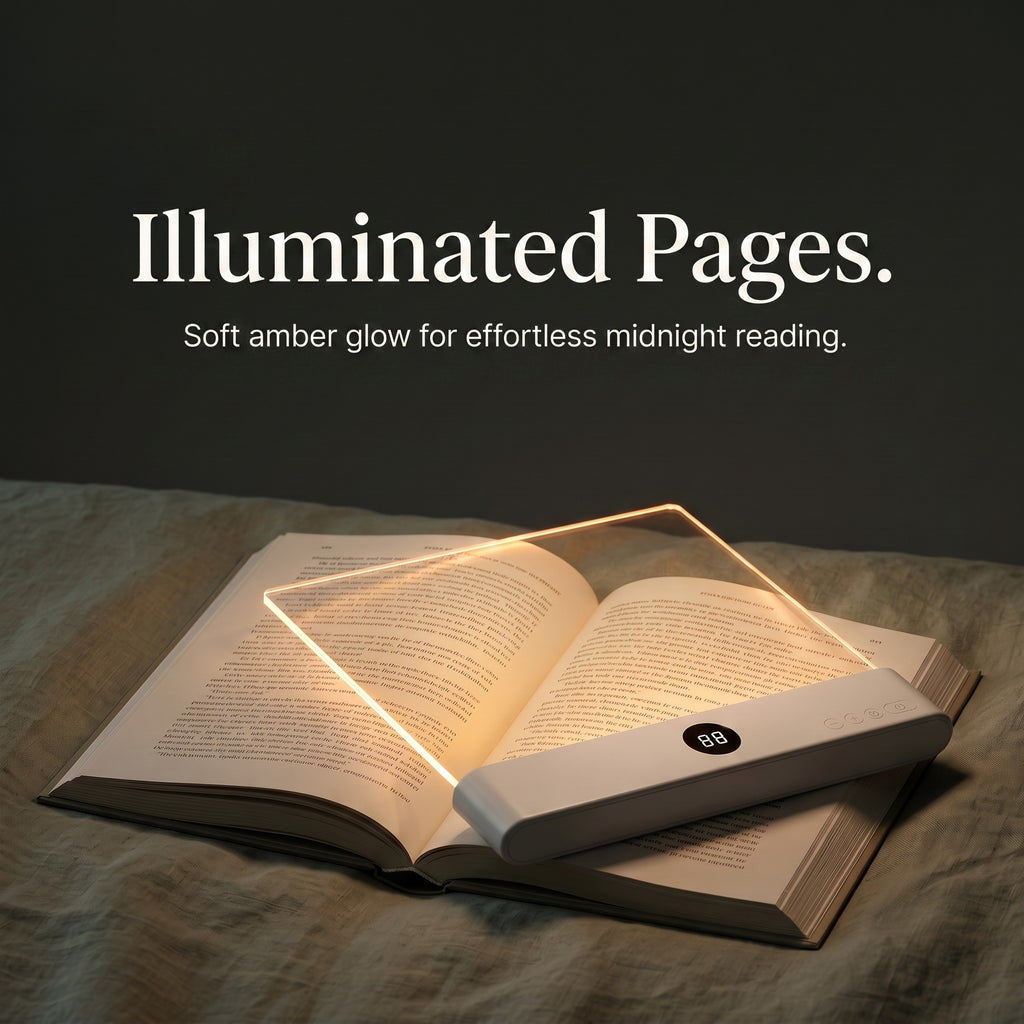 A cozy nighttime lifestyle shot of the flat panel book light laid over an open book on a bed, emitting a soft amber glow directly onto the text. Features clean typography overlay reading Illuminated Pages. Soft amber glow for effortless midnight reading.