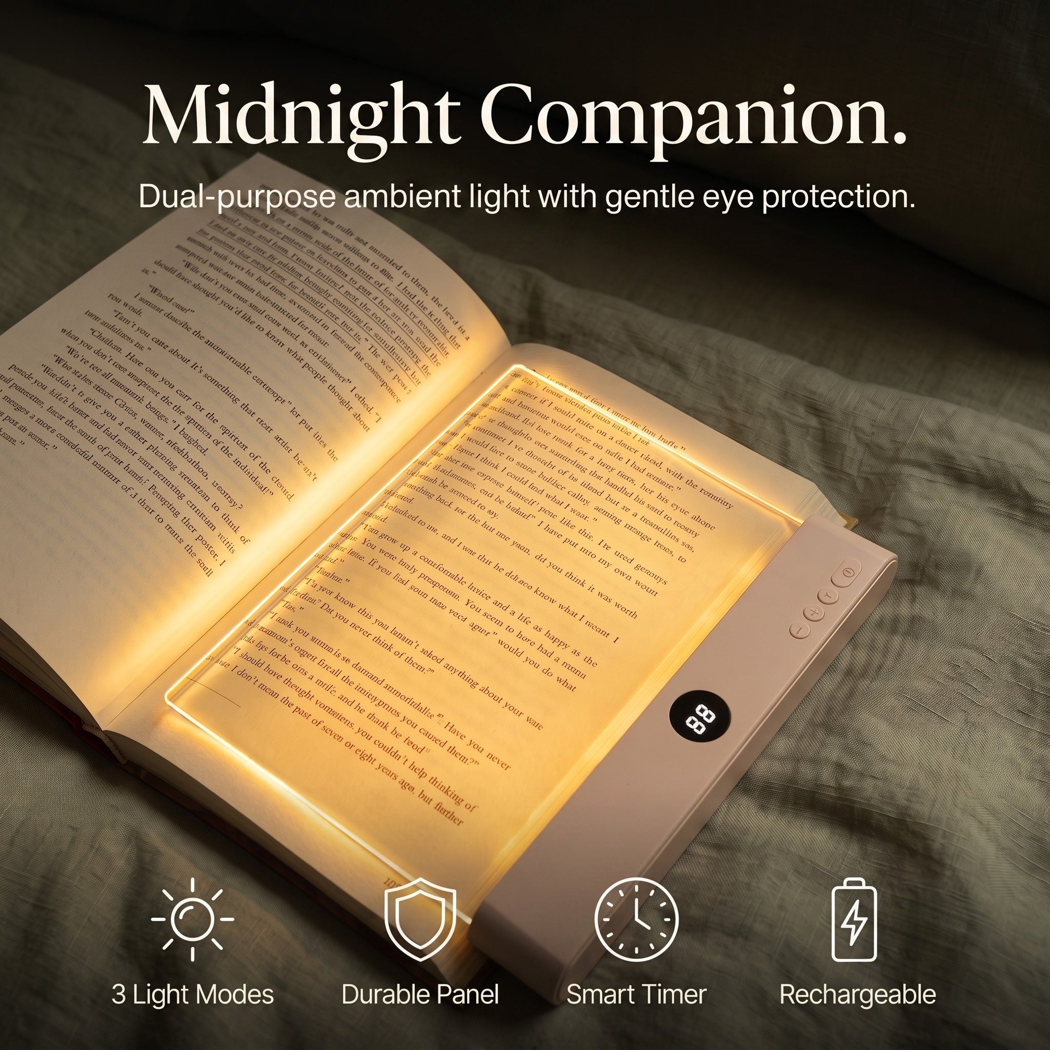 An aesthetic product lifestyle slide featuring the flat book lamp over an open book with text overlay Midnight Companion. Dual-purpose ambient light with gentle eye protection, complemented by four clean minimalist icons at the bottom for 3 Light Modes, Durable Panel, Smart Timer, and Rechargeable.