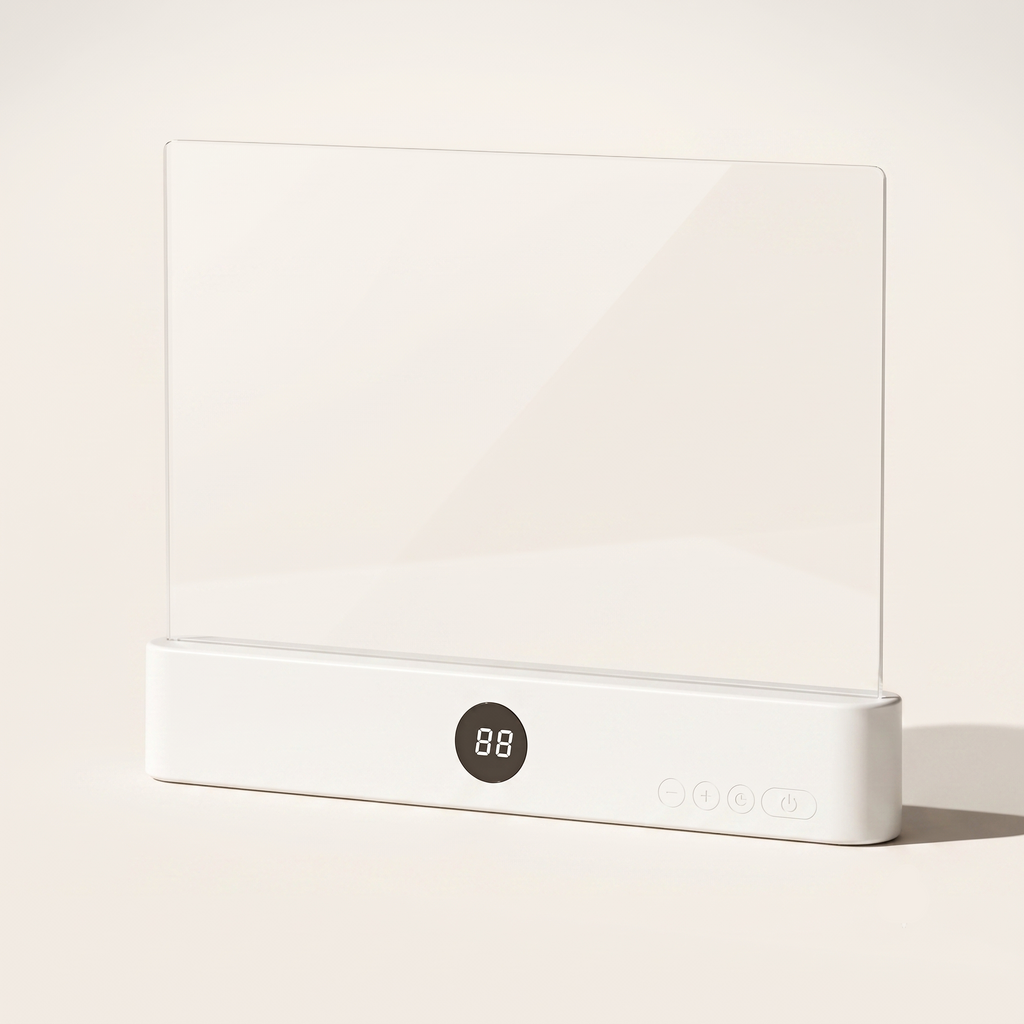 A crisp studio hero shot of the By1994 flat panel LED book light in minimalist white, showcasing the crystal-clear acrylic plate and the sleek white base with a digital screen displaying 88 on a warm white background.