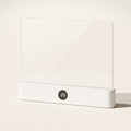 A crisp studio hero shot of the By1994 flat panel LED book light in minimalist white, showcasing the crystal-clear acrylic plate and the sleek white base with a digital screen displaying 88 on a warm white background.