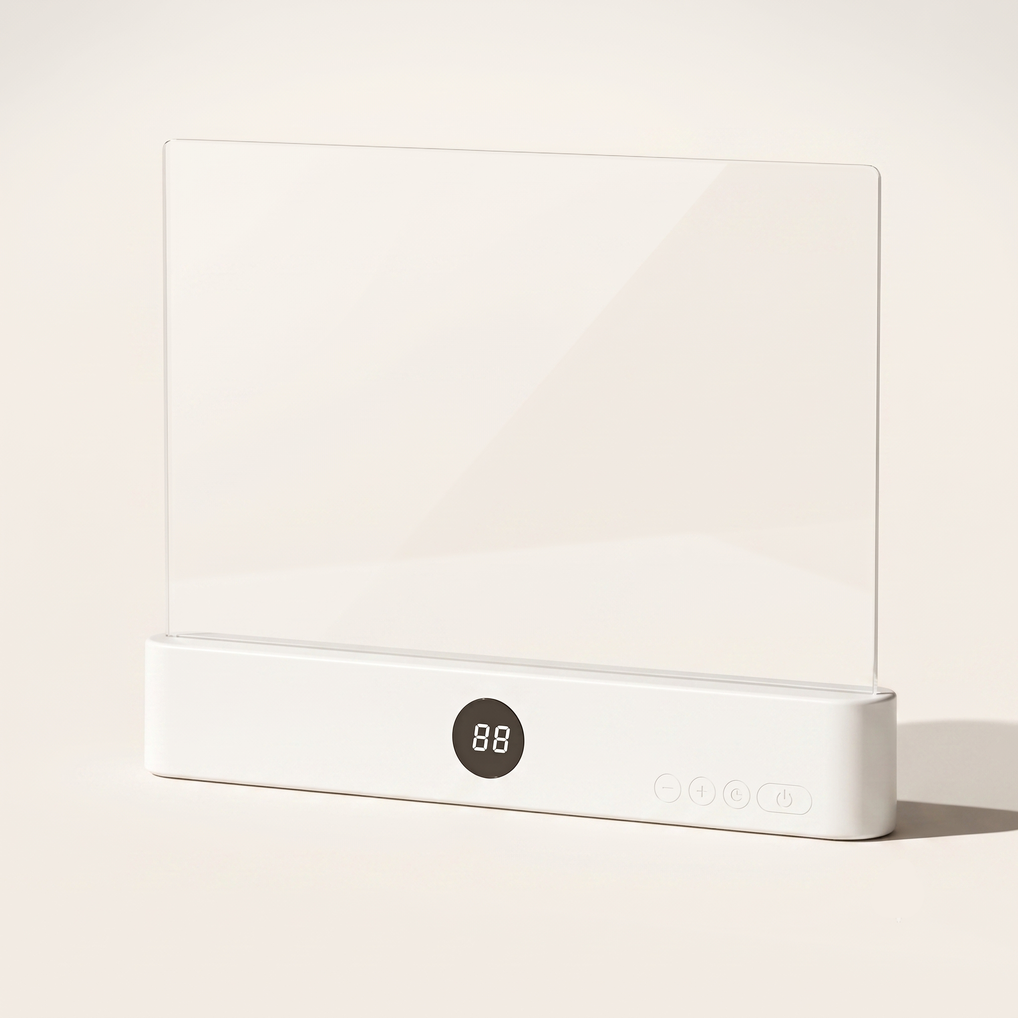 A crisp studio hero shot of the By1994 flat panel LED book light in minimalist white, showcasing the crystal-clear acrylic plate and the sleek white base with a digital screen displaying 88 on a warm white background.