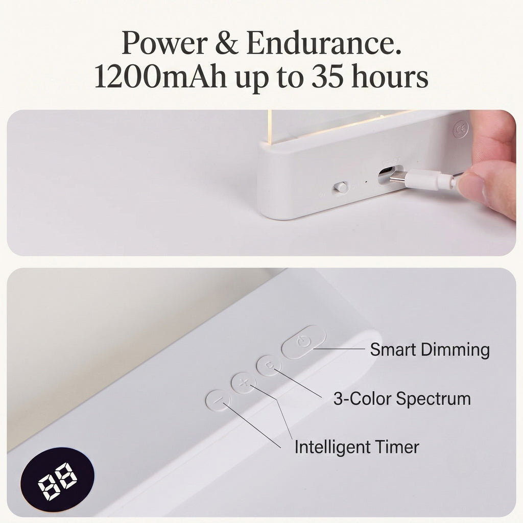 A feature infographic slide of the clear plate reading light. The top section demonstrates a Type-C cable plugging in with text overlay reading Power and Endurance 1200mAh up to 35 hours. The bottom section highlights the button controls with text labels Smart Dimming, 3-Color Spectrum, and Intelligent Timer.