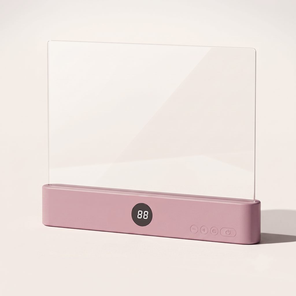 A studio product variant shot of the By1994 flat page reading lamp in soft pink, highlighting the clear transparent lens panel and the matte pink base with a digital LED screen display.