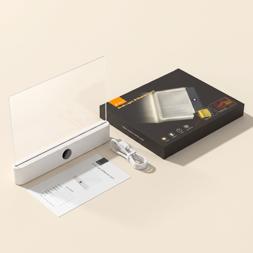 An unboxing layout showcasing the white flat panel book light next to its elegant black product packaging box, a white USB charging cable, and the user instruction manual booklet on a cream background.