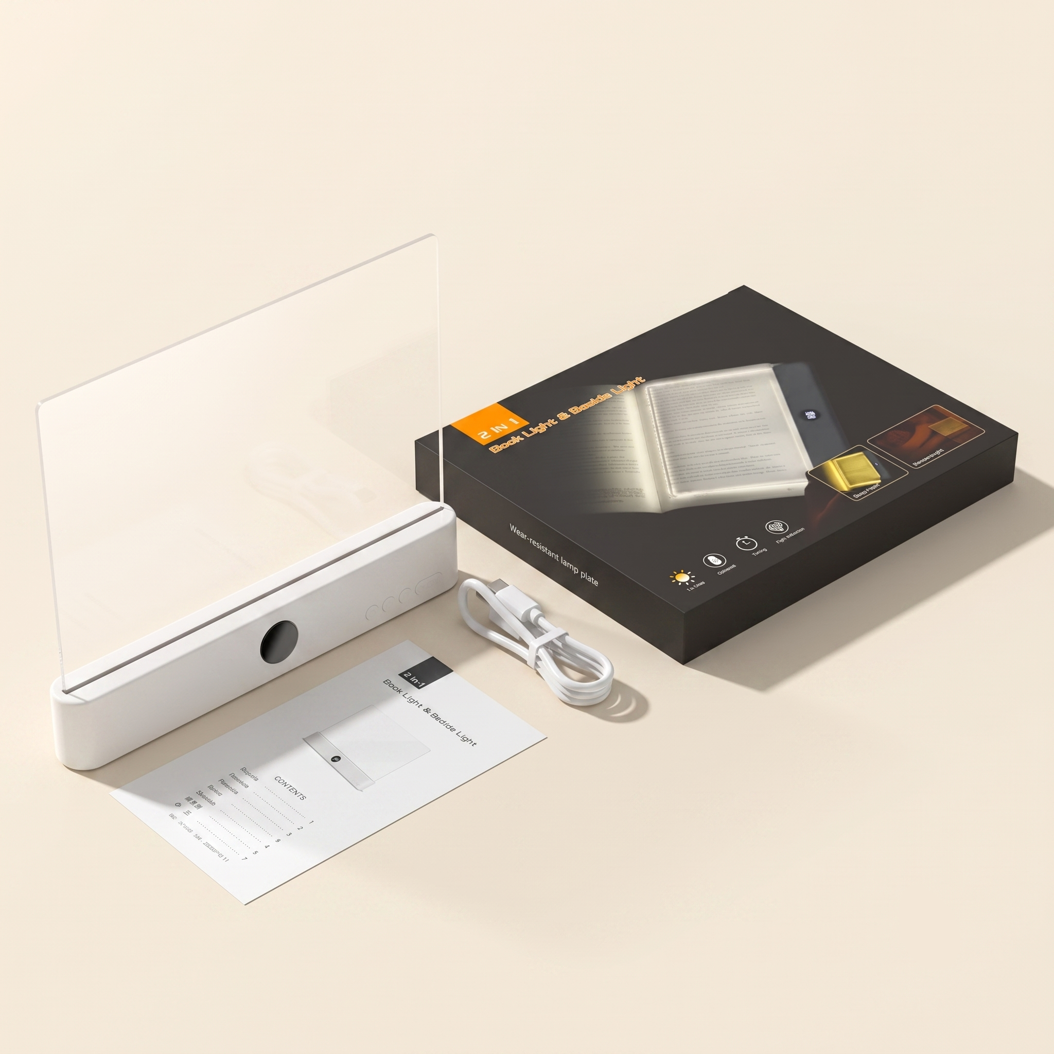 An unboxing layout showcasing the white flat panel book light next to its elegant black product packaging box, a white USB charging cable, and the user instruction manual booklet on a cream background.