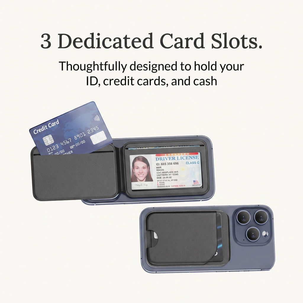 An infographic mockup of the By1994 magnetic wallet phone stand unfolded to reveal 3 dedicated card slots holding a credit card and driver's license, with text overlay reading 3 Dedicated Card Slots. Thoughtfully designed to hold your ID, credit cards, and cash.