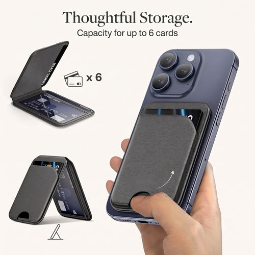 A multi-view product mockup showcasing the black vegan leather magnetic wallet stand holding up to 6 cards, with text overlay reading Thoughtful Storage. Capacity for up to 6 cards.