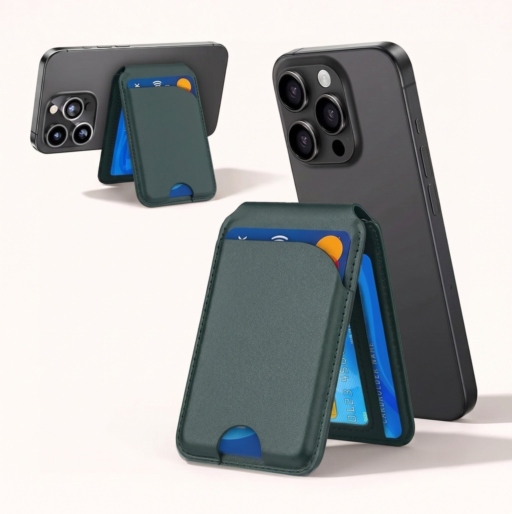 A studio product view of the By1994 green leather magnetic wallet stand mounted on an iPhone, demonstrating its dual-functionality in both portrait browsing mode and landscape viewing mode.