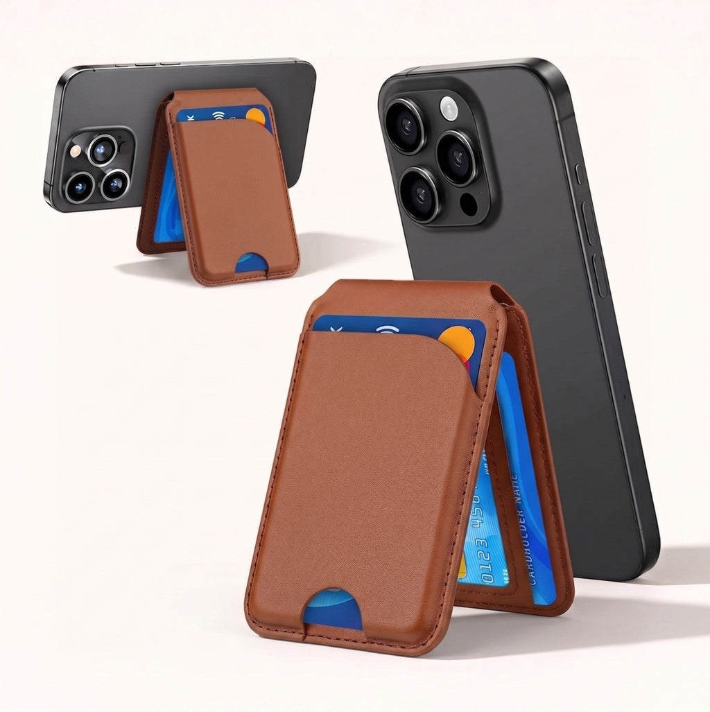 A studio product view of the By1994 kaki leather magnetic wallet stand mounted on an iPhone, demonstrating its dual-functionality in both portrait browsing mode and landscape viewing mode.