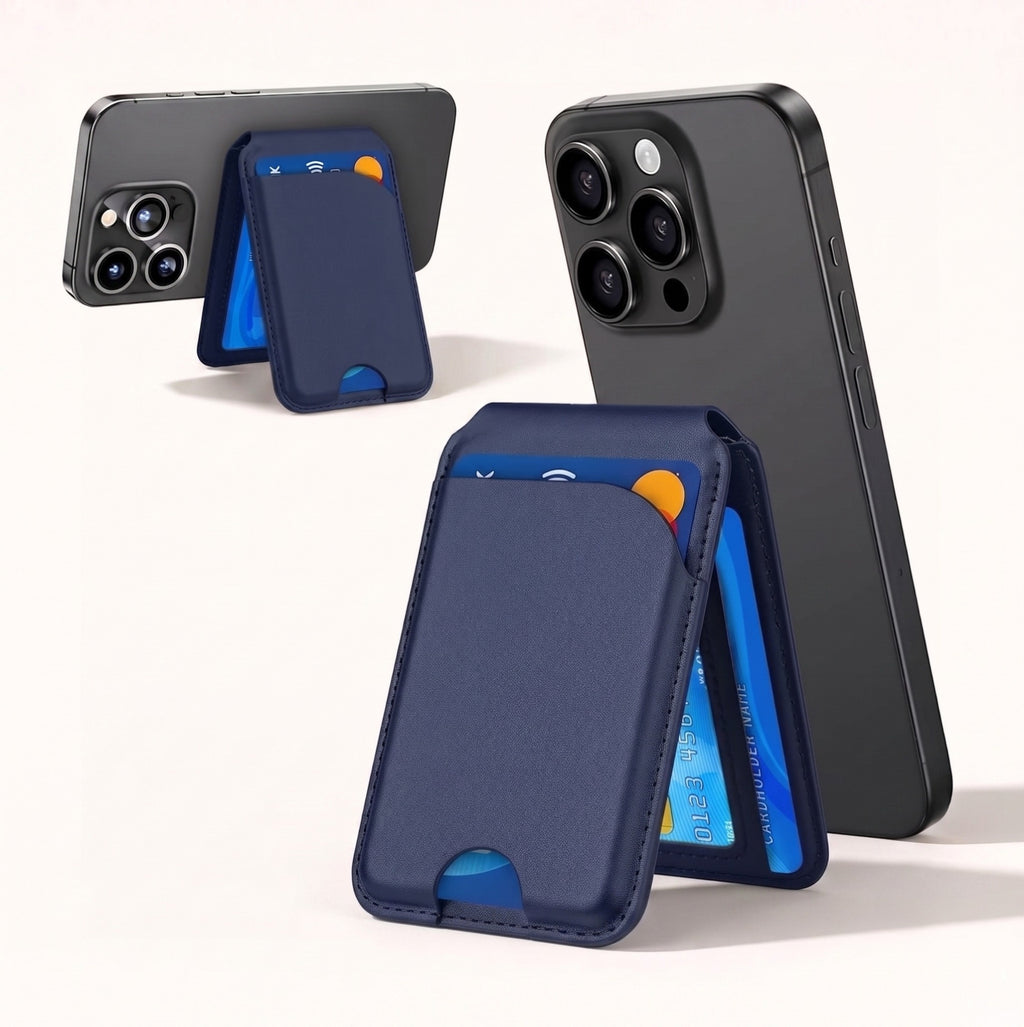 A studio product view of the By1994 navy leather magnetic wallet stand mounted on an iPhone, demonstrating its dual-functionality in both portrait browsing mode and landscape viewing mode.
