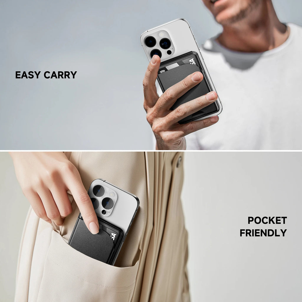 A two-panel lifestyle mockup displaying the compact magnetic wallet attached to a smartphone, showing easy hand carry in the top panel labeled EASY CARRY and smooth insertion into a pocket in the bottom panel labeled POCKET FRIENDLY.