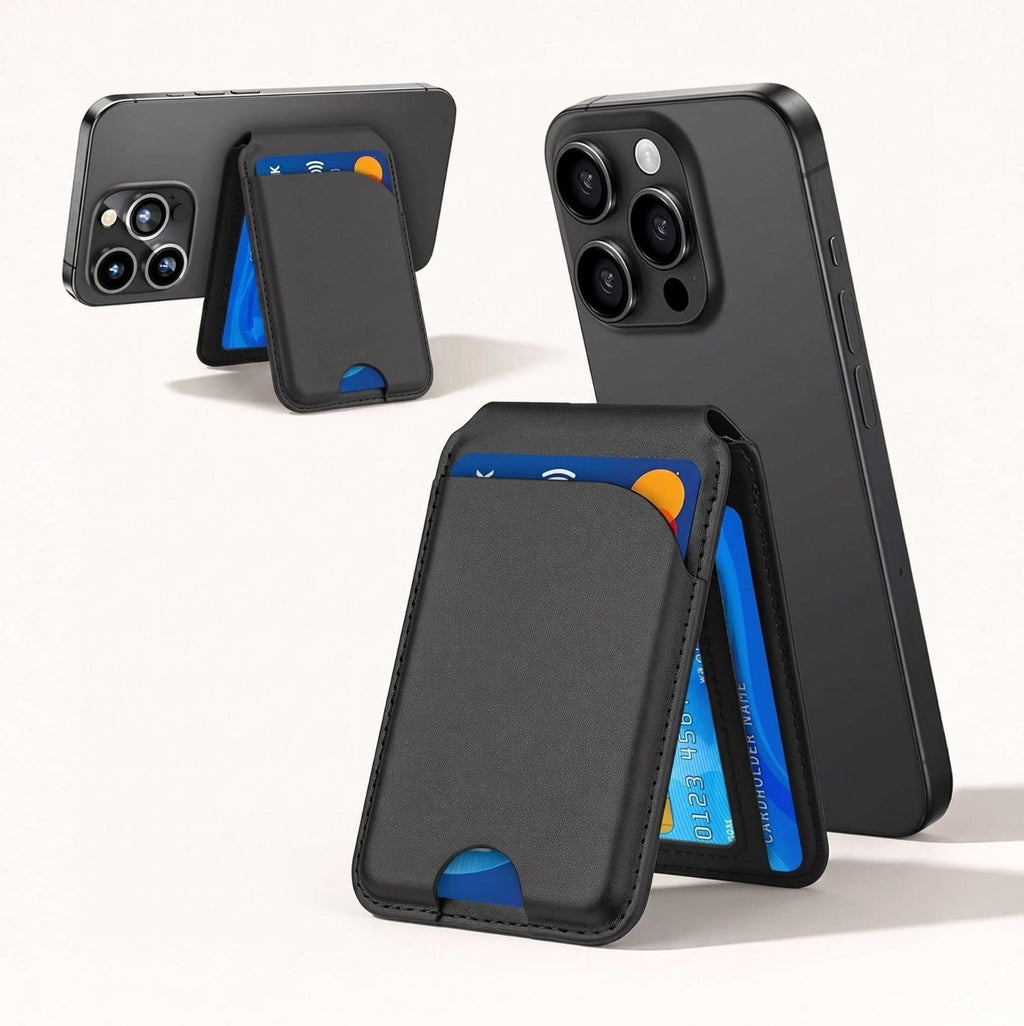 A studio product view of the By1994 black leather magnetic wallet stand mounted on an iPhone, demonstrating its dual-functionality in both portrait browsing mode and landscape viewing mode.