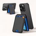 A studio product view of the By1994 black leather magnetic wallet stand mounted on an iPhone, demonstrating its dual-functionality in both portrait browsing mode and landscape viewing mode.