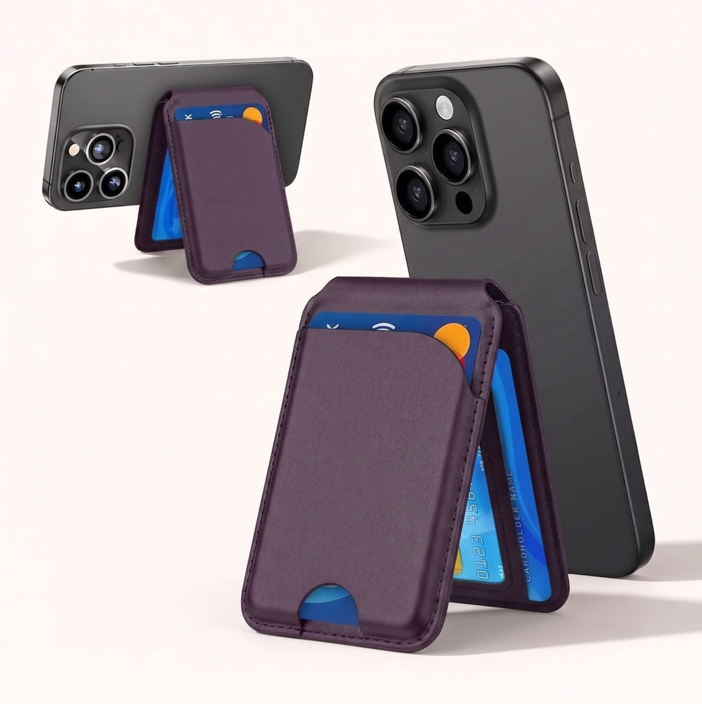A studio product view of the By1994 purple leather magnetic wallet stand mounted on an iPhone, demonstrating its dual-functionality in both portrait browsing mode and landscape viewing mode.