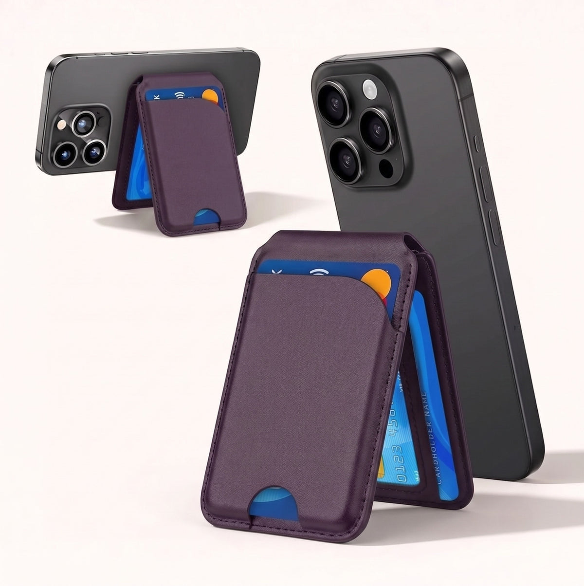 A studio product view of the By1994 purple leather magnetic wallet stand mounted on an iPhone, demonstrating its dual-functionality in both portrait browsing mode and landscape viewing mode.