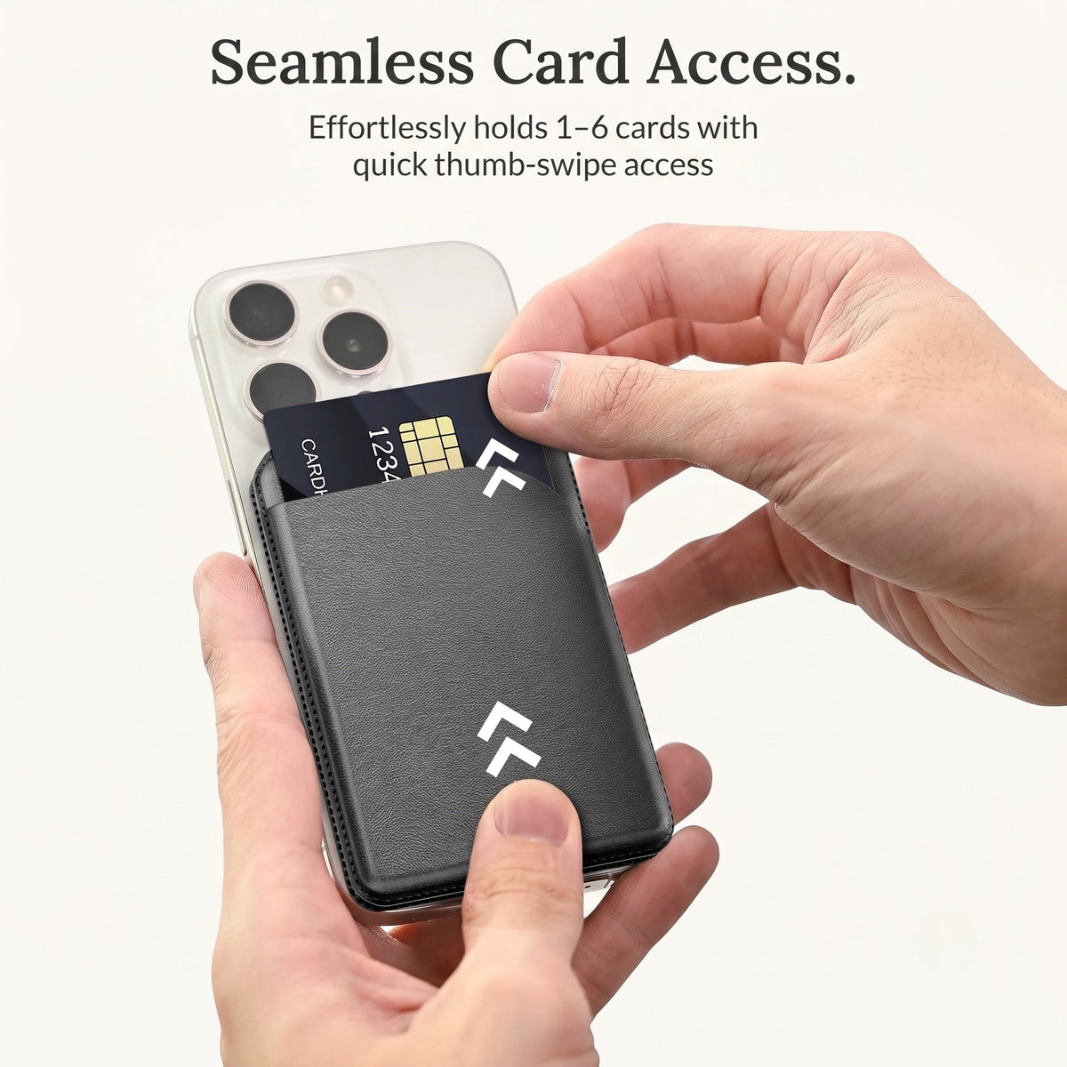 A close-up lifestyle mockup of hands holding an iPhone with the black leather magnetic wallet attached, showing a thumb sliding a card out using the quick-access thumb groove, with text overlay reading Seamless Card Access.